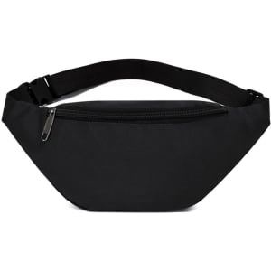 A black bum bag with a zippered pocket and an adjustable strap. It has branding visible on the material.