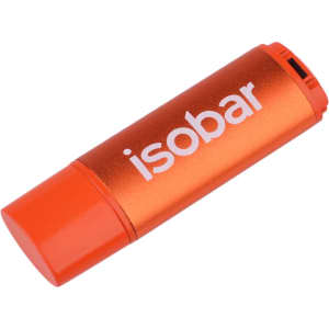 An orange Saturn flash drive with a cylindrical shape and a logo on its surface.