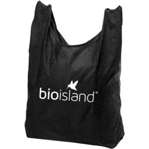 A foldaway shopping tote bag in black with a logo on the front.
