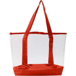 A transparent handbag with red straps and a red base, featuring a spacious design.