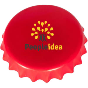 A red bottle cap with a serrated edge, featuring a logo. The background is plain white.