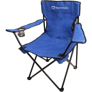 A blue foldable portable camping chair with armrests and a cup holder, featuring a logo on the backrest.