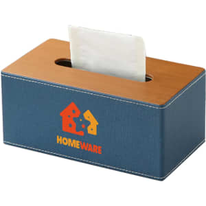 A blue tissue box with a wooden top, featuring a logo and tissues partially visible from the opening.