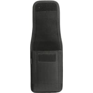 A black phone pouch with a belt clip, featuring a textured surface and a separate pocket.