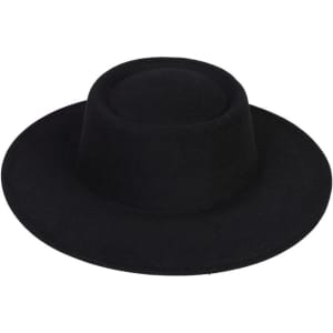 A flat top felt fedora hat in solid black, featuring a wide brim and a cylindrical crown.