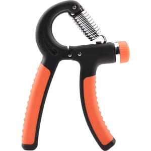 A black and orange adjustable hand grip with a spring mechanism and textured handles. It has a small knob for resistance adjustment.