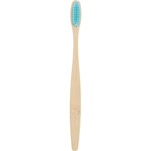 A large bamboo toothbrush with a light brown handle and blue bristles, featuring a simple design. It has a logo.