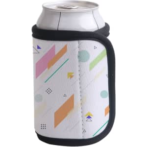 A drink bottle holder in white with colourful geometric patterns and a black trim, featuring a logo.
