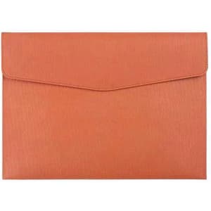 A PU leather A4 file bag in a warm orange hue with a flap closure and branding.