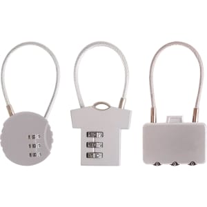 Three metal coded locks in various shapes: round, shirt-shaped, and rectangular, all featuring combination dials.