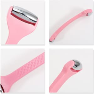 A pink ice massager roller with double heads and a textured handle. Chrome accents are visible on both ends.