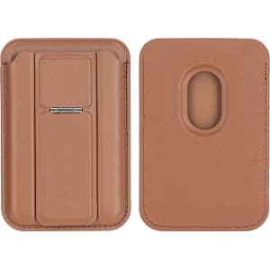 A PU magnetic card holder in a warm tan colour featuring a phone stand at the back and a logo.