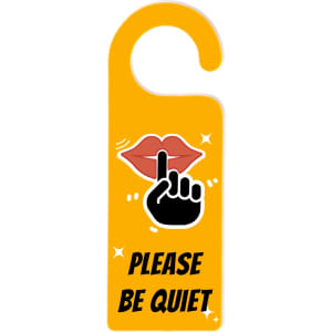 A custom shape acrylic door hanger in bright yellow with a design featuring a shushing hand and lips.