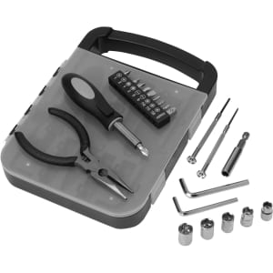 A 22 in 1 hand tool set features a grey case, pliers, screwdrivers, bits, and various socket sizes. It has a logo on the case.