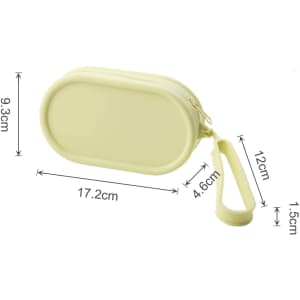 A round, pale yellow silicone storage bag with a zip closure and a handle, measuring 17.2cm by 9.3cm.