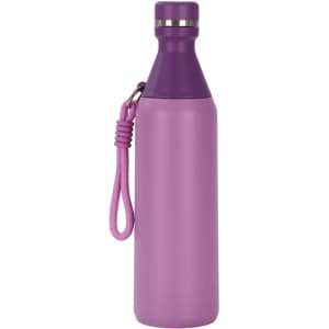 A drink bottle in a sleek purple design, featuring a double wall and a logo. Includes a matching carry strap.