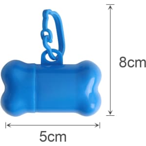 A blue bone-shaped pet waste bag dispenser with a clip, measuring 8cm by 5cm.