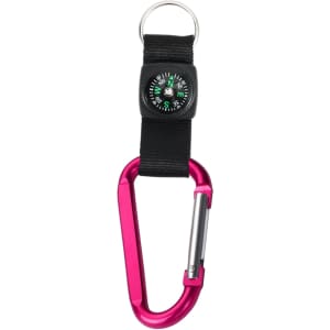 A pink carabiner keychain with a black compass attached, featuring a silver clip and black strap.