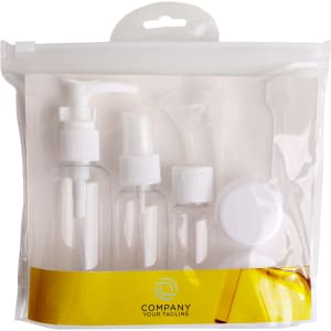 A clear cosmetic travel bottle kit featuring five transparent containers and accessories, ideal for toiletries.