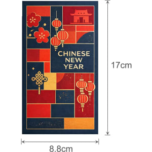 A decorative Chinese red envelope featuring floral and lantern designs in shades of red, gold, and blue.