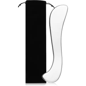 A facial Gua Sha massage tool in a sleek, transparent design, accompanied by a black storage pouch.