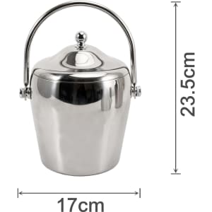 A stainless steel cooler bucket with a lid and handle, measuring 23.5 cm in height and 17 cm in diameter.