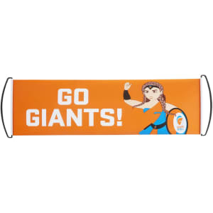 An orange hand-held fan flag features a cartoon character with braided hair and a logo.