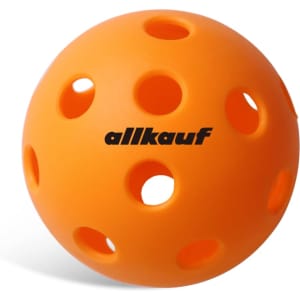 An orange pickleball with holes and a logo, designed for use in pickleball games.
