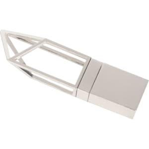 A silver flash drive with a geometric, open frame design features a solid rectangular base. It has a logo on the side.