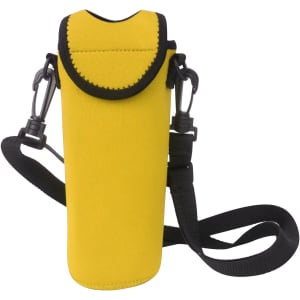 A drink bottle cooler in bright yellow with a black strap and fastening, featuring a logo.