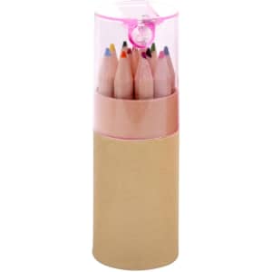 A set of coloured pencils in a clear cylindrical case, featuring various bright colours and a cardboard base.