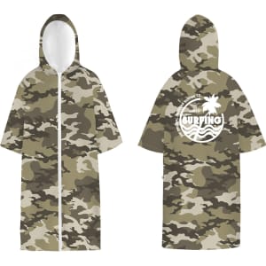 A camo-patterned hooded change towel in shades of green and brown, featuring a logo on the back.