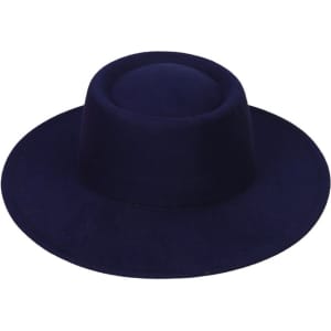 A flat-top felt fedora hat in a dark navy colour, featuring a minimalist design and a round crown.
