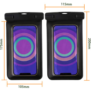 A waterproof phone bag in black, featuring dimensions and a transparent front for touchscreen access.