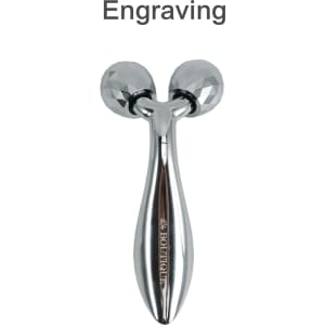 A chrome facial roller with two faceted balls and a sleek handle, featuring a logo.