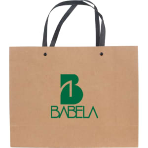 A medium brown paper bag with a knitted black handle and a logo on the front.