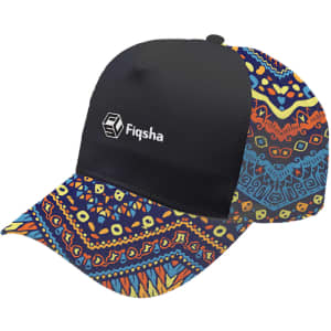 A five-panel custom cap featuring a vibrant patterned design in blue, yellow, and red with a front logo.