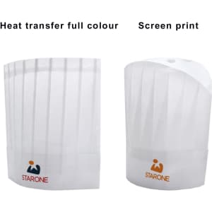 A white disposable chef hat with pleats, featuring a logo. Two styles are shown: heat transfer and screen print.