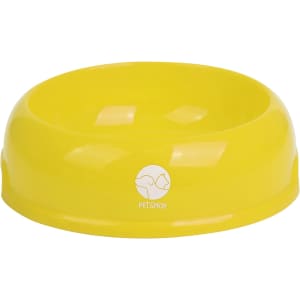 A yellow dog bowl with a rounded design and a logo on the front.
