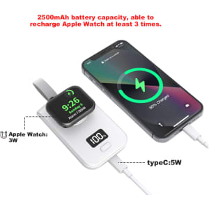 A white portable power bank with a 2500mAh capacity, designed for charging Apple Watches, alongside a phone.