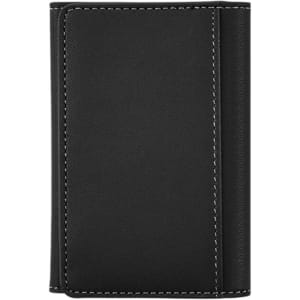 A black PU magnetic wallet with white stitching, featuring a sleek, minimalist design and a branded logo.