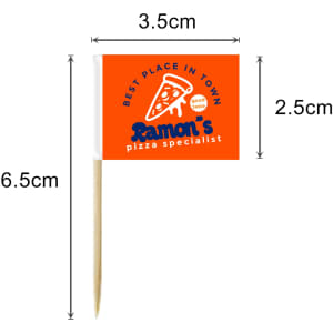 A pack of 100 small orange and white flag labels on wooden sticks, featuring a logo and dimensions indicated.