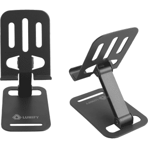 A black foldable metal mobile phone stand with adjustable angles and a logo on the base.