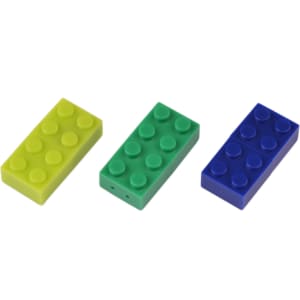 A collection of three brick-shaped flash drives in yellow, green, and blue, featuring a logo on one drive.