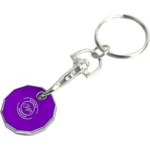 A purple enamel trolley coin keyring with a metal clasp and circular design. Features a logo on the front.