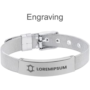A metal bracelet featuring a silver mesh design and an adjustable clasp with an engraved section.