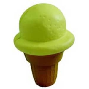 A green ice cream shape stress reliever in a brown cone design, featuring a textured surface.