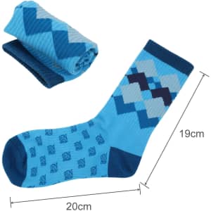 Crew woven work socks in shades of blue with a geometric pattern, one sock laid out and one rolled up beside it.