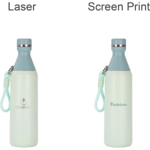 A drink bottle in mint green with a grey lid, featuring a logo and a handy carry strap. Double wall stainless steel design.