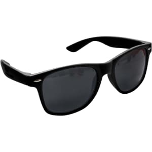 A pair of black classic sunglasses with dark lenses and a logo on the side.